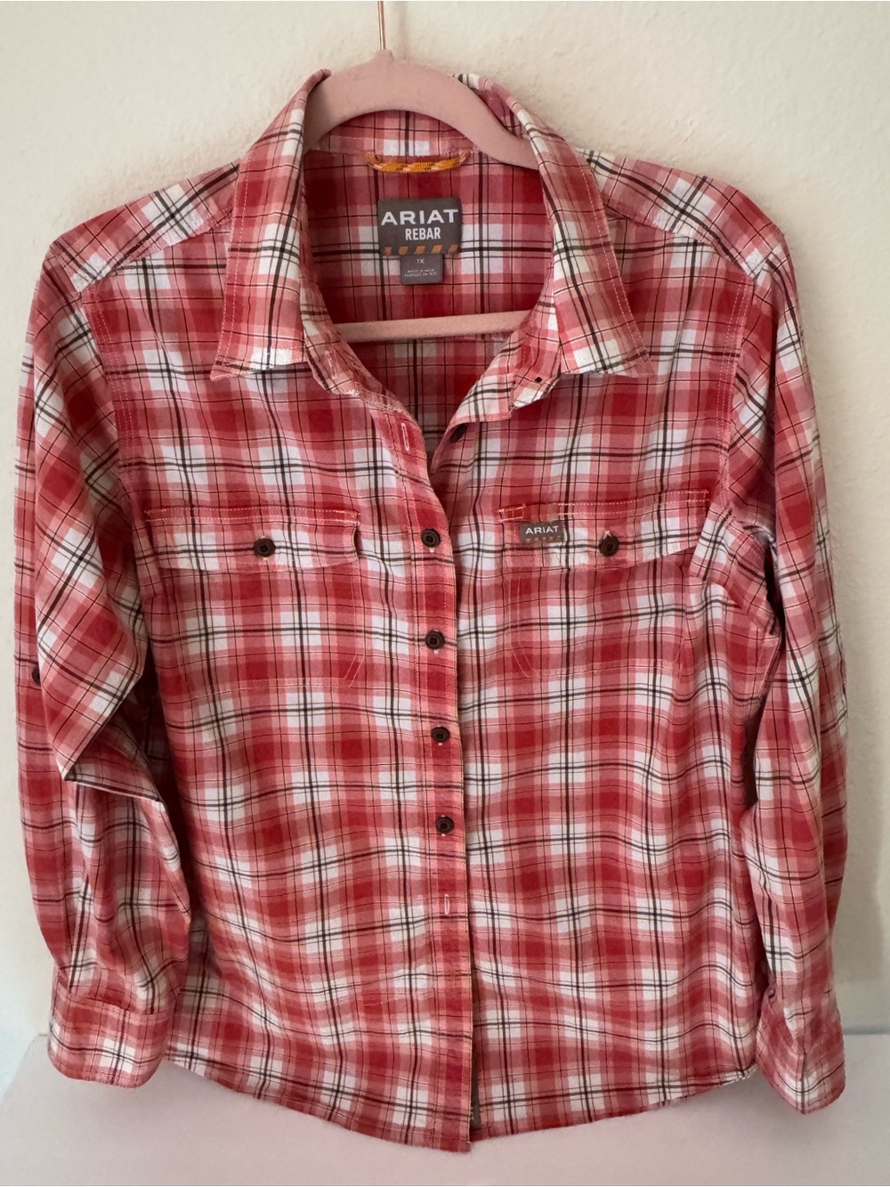 Ariat Coral and White Plaid Long Sleeve Rebar Work Shirt SZ 1X